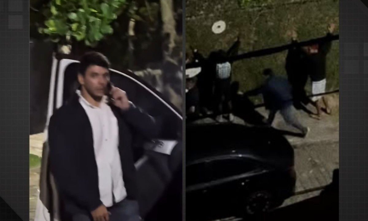 Quando tentavam colocar numa viatura um menor de idade, suspeito de envolvimento com tráfico, policiais foram agredidos a pedradas por um grupo que estava na frente da casa de Oruam -  (crédito: reprodução/redes sociais)