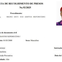 Guia de recolhimento de preso mostra foto de Oruam usada para ingresso no sistema prisional  -  (crédito: Reprodução/PCERJ)