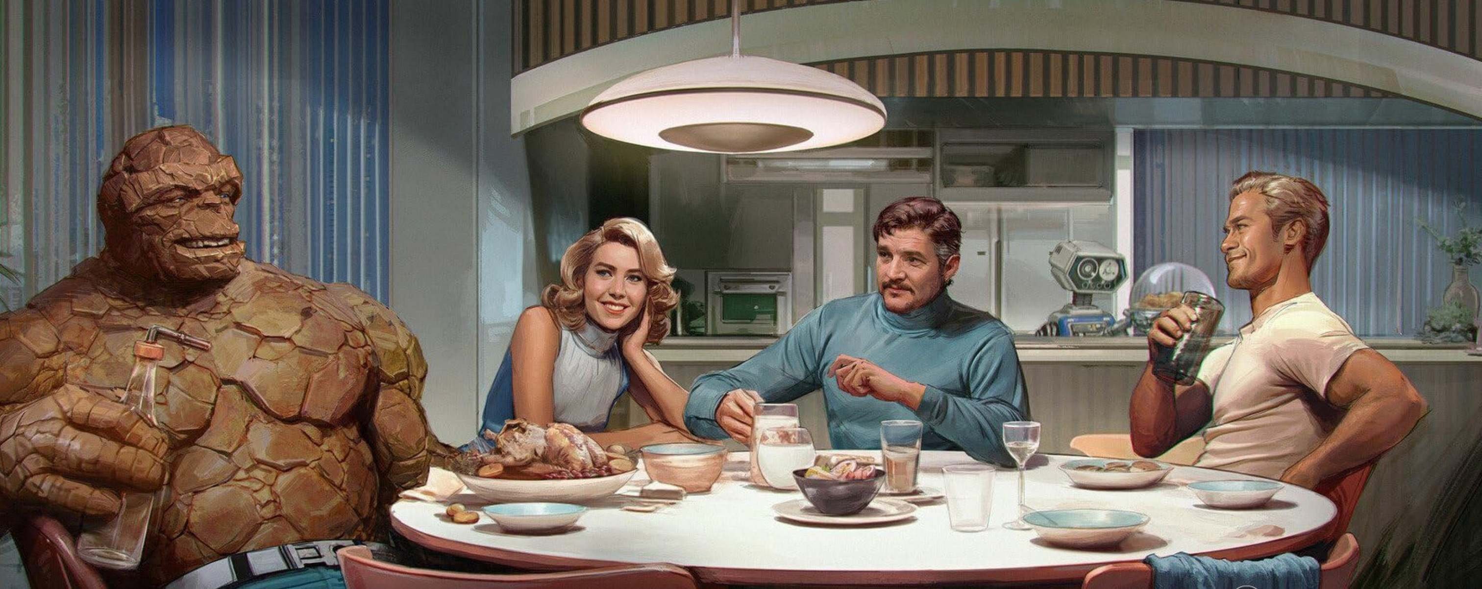 Personagens do Quarteto Fantástico estão sentados à mesa de refeições, em clima de família