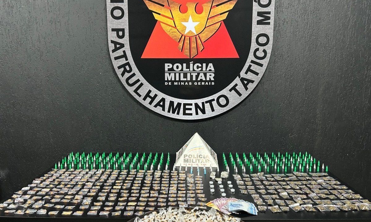 Com os adolescentes, foram encontradas 616 pedras de crack, 103 buchas de maconha, 10 bolas de Haxixe, 223 pinos de cocaína, além de R$ 176 em espécie -  (crédito: Divulgação/PMMG)
