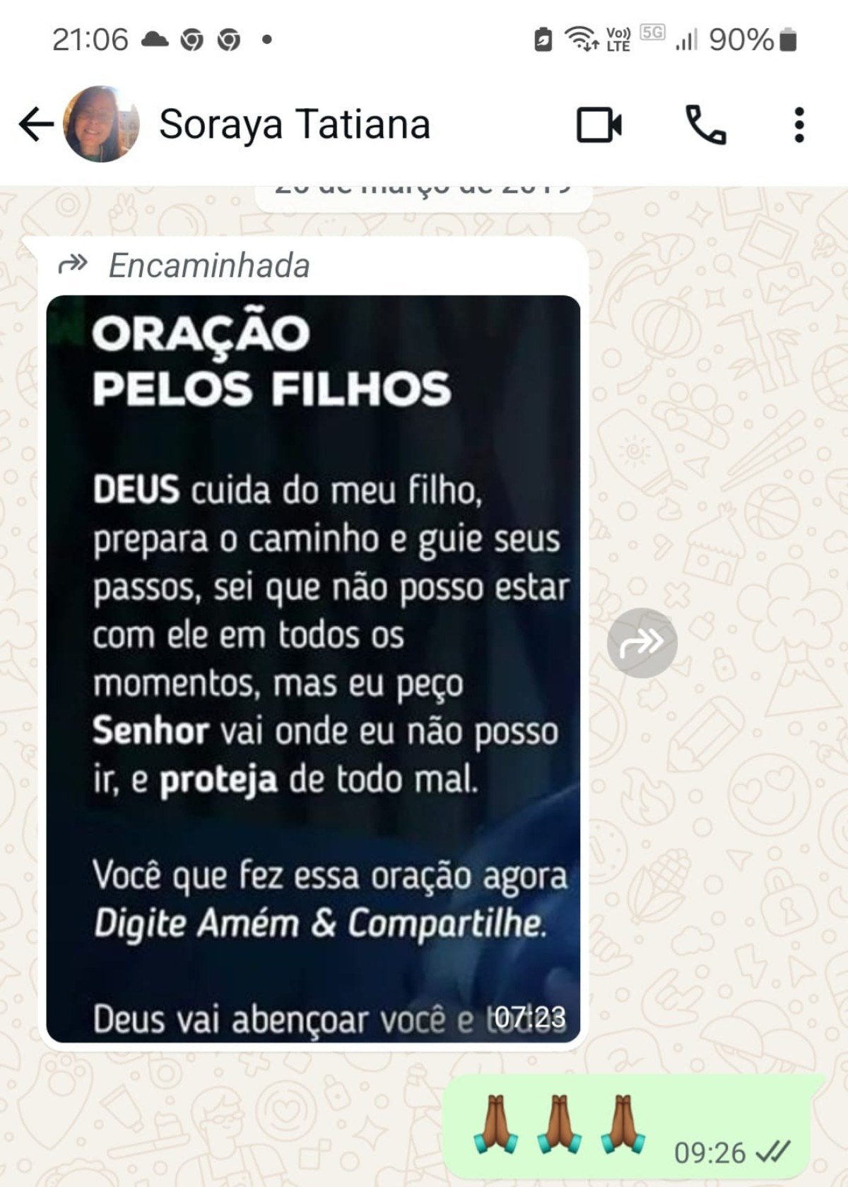 Print de conversa no WhatsApp entre a professora Soraya Tatiana Bonfim França e a amiga Rosane de Souza