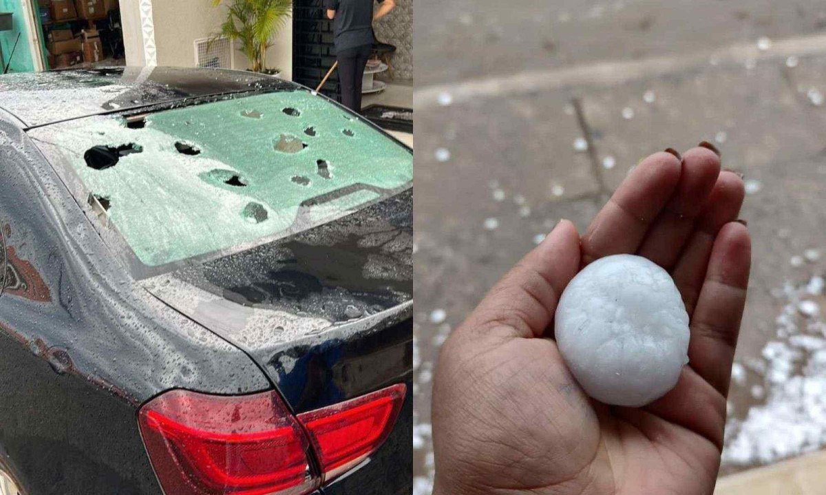 A chuva deixou um carro com o vidro traseiro danificado e teve "pedras" do tamanho de bolas de tênis