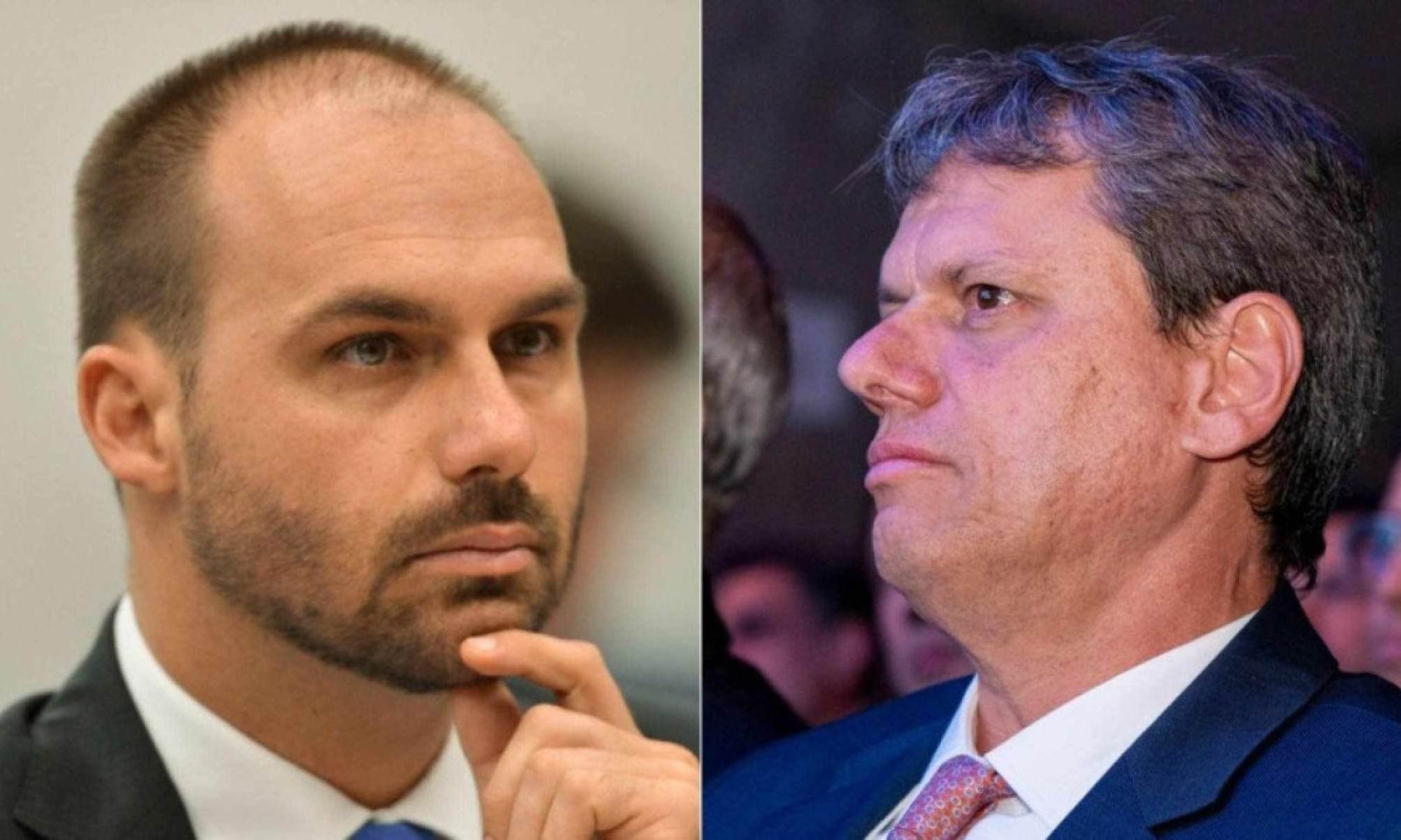 Eduardo voltou a criticar Tarcísio pelo fato de o governador de São Paulo tentar encontrar uma solução para o tarifaço de Trump sem envolver a pauta da anistia a Jair Bolsonaro -  (crédito: Platobr Politica)