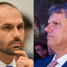 Eduardo voltou a criticar Tarcísio pelo fato de o governador de São Paulo tentar encontrar uma solução para o tarifaço de Trump sem envolver a pauta da anistia a Jair Bolsonaro -  (crédito: Platobr Politica)