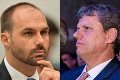 Eduardo voltou a criticar Tarcísio pelo fato de o governador de São Paulo tentar encontrar uma solução para o tarifaço de Trump sem envolver a pauta da anistia a Jair Bolsonaro -  (crédito: Platobr Politica)