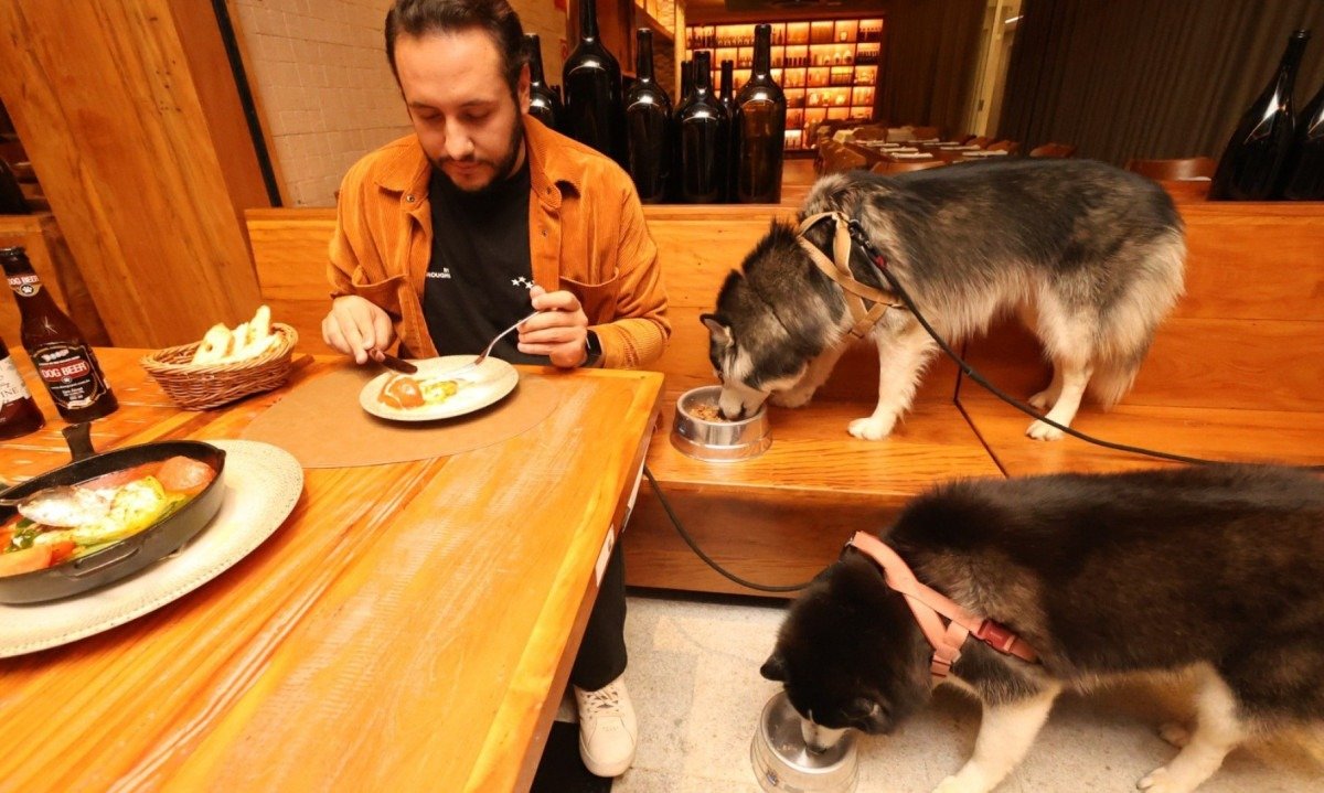 O picolé para pets é um dos itens favoritos de Ayla e Liz no cardápio do Gennaro. Na foto, o tutor Lucas Barbosa acompanha as cadelas