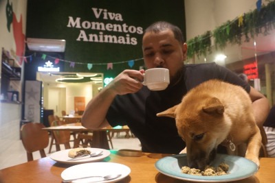 Frederico, de 11 meses, frequenta o Pet Café com seu tutor, André Lopes -  (crédito: Marcos Vieira /EM/DA. Press)