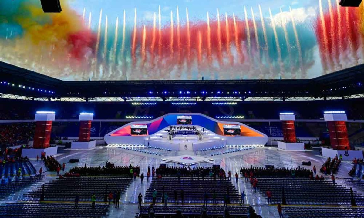 Cerimônia de abertura dos Jogos Mundiais Universitários Reno-Ruhr 2025, em Duisburg, oeste da Alemanha -  (crédito: INA FASSBENDER / AFP)