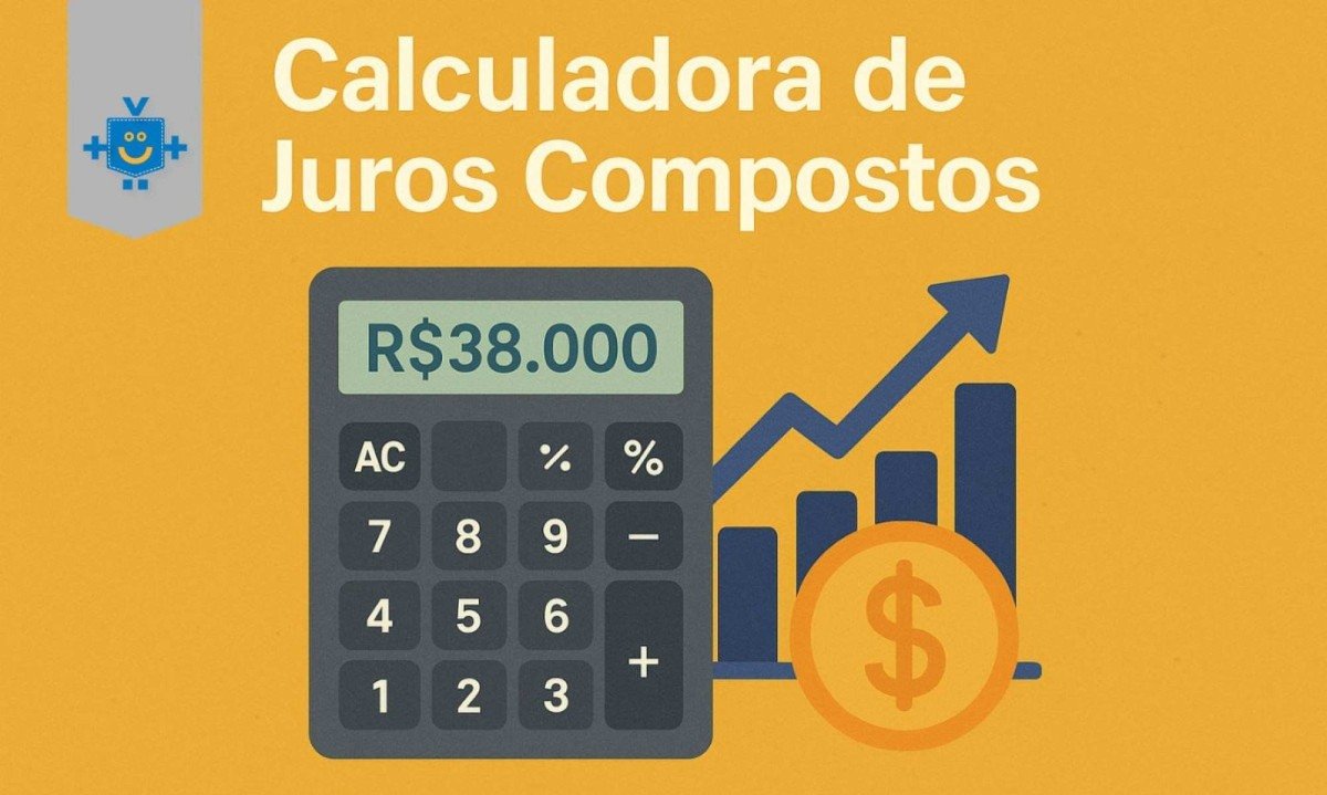 Imagem ilustrativa de uma calculadora de juros compostos com grÃ¡fico de crescimento financeiro. O fundo amarelo destaca os elementos visuais: uma calculadora com valor de R$38.000 na tela, grÃ¡fico de barras em azul com seta ascendente e moeda laranja com sÃ­mbolo de cifrÃ£o. -  (crédito: ReproduÃ§Ã£o Educando seu Bolso)