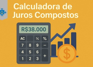 Imagem ilustrativa de uma calculadora de juros compostos com gráfico de crescimento financeiro. O fundo amarelo destaca os elementos visuais: uma calculadora com valor de R$38.000 na tela, gráfico de barras em azul com seta ascendente e moeda laranja com símbolo de cifrão. -  (crédito: Reprodução Educando seu Bolso)