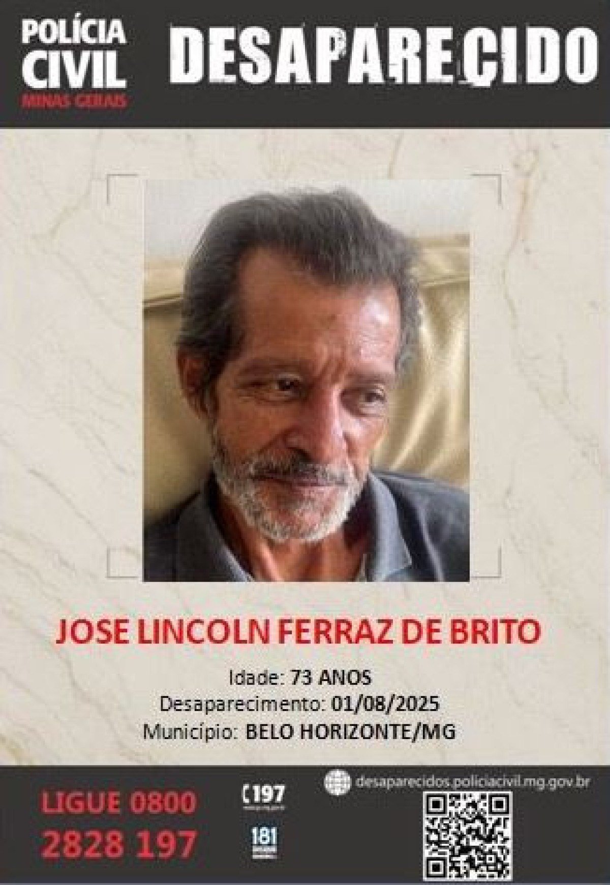 Jose Lincoln Ferraz de Brito está desaparecido desde sexta-feira (1/8)