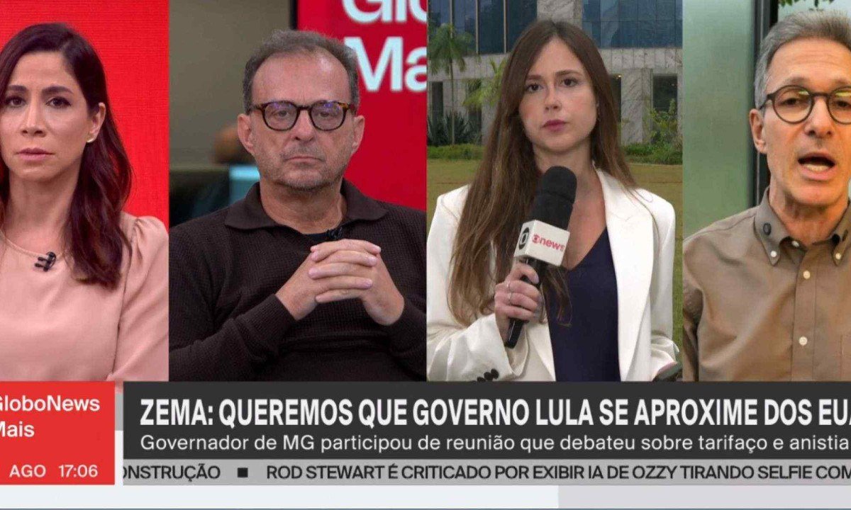 Governador Romeu Zema volta a responsabilizar o presidente Lula por tarifas aplicadas pelos Estados Unidos -  (crédito: Reprodução/GloboNews)