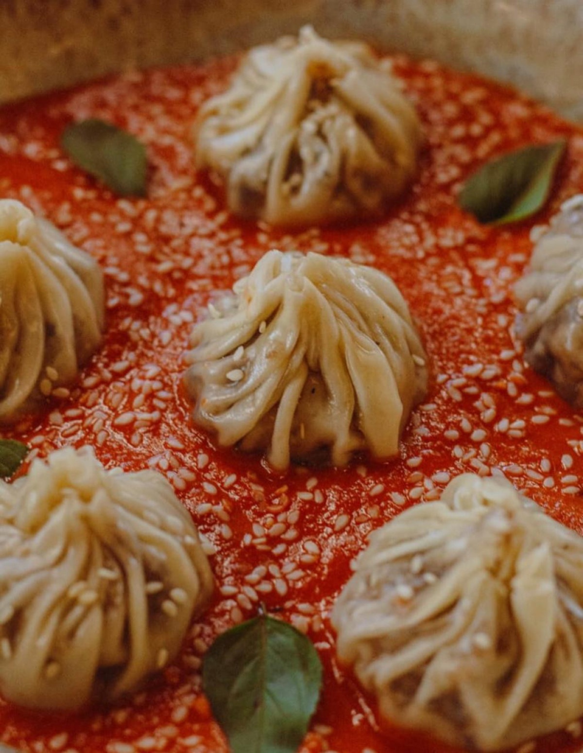 Dumpling cozido com recheio de cogumelo com tofu defumado servido sobre molho de tomates assados e especiarias