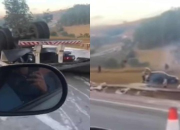 Uma carreta capotou e um carro foi parar em uma ribanceira às margens da rodovia -  (crédito: Reprodução/Redes sociais)