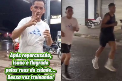 Depois de viralizar nas redes sociais por correr uma maratona bêbado e de chinelos, o mesmo homem foi visto treinando sóbrio nas ruas do município de Garrafão do Norte. -  (crédito: Montagem/Reprodução Instagram)