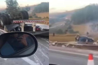 Uma carreta capotou e um carro foi parar em uma ribanceira às margens da rodovia -  (crédito: Reprodução/Redes sociais)