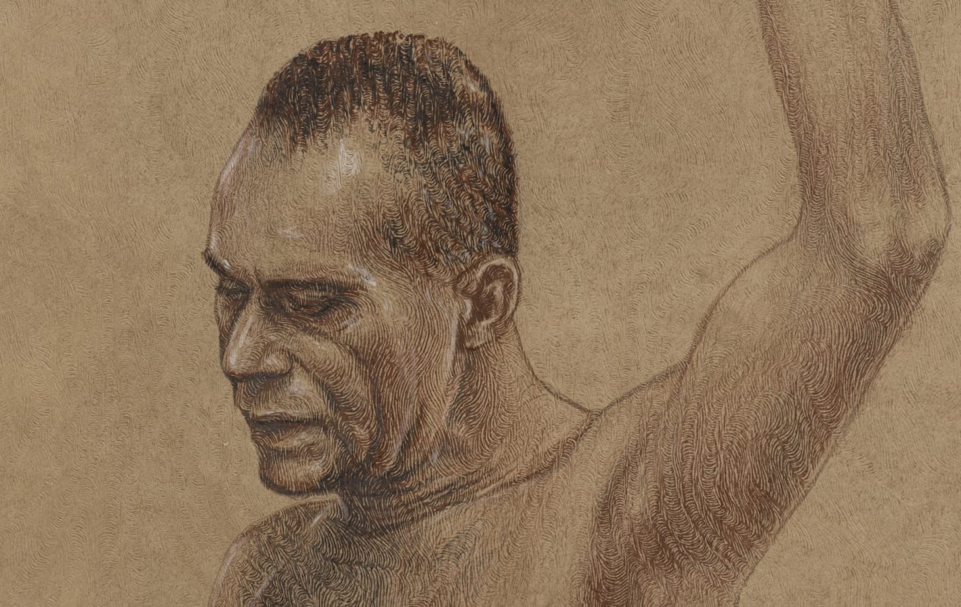 Homem está de lado, com o braço levantado e sem camisa em quadro do artista Marcel Diogo