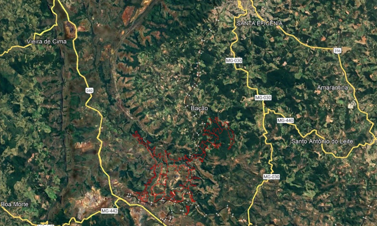 Mancha de inundação onde os rejeitos de Forquilha III poderiam atingir caso ocorresse um rompimento
