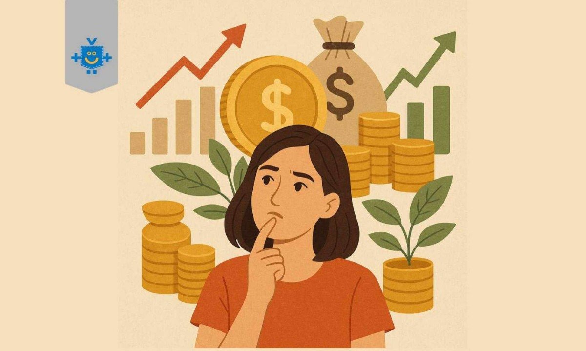 Ilustração de uma pessoa pensando com gráficos de crescimento ao fundo, representando independência financeira e conquista da liberdade econômica. -  (crédito: Reprodução Educando seu Bolso)