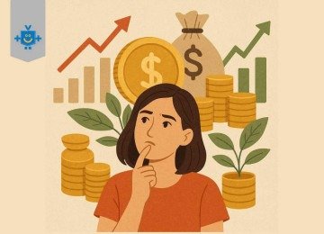 Ilustração de uma pessoa pensando com gráficos de crescimento ao fundo, representando independência financeira e conquista da liberdade econômica. -  (crédito: Reprodução Educando seu Bolso)