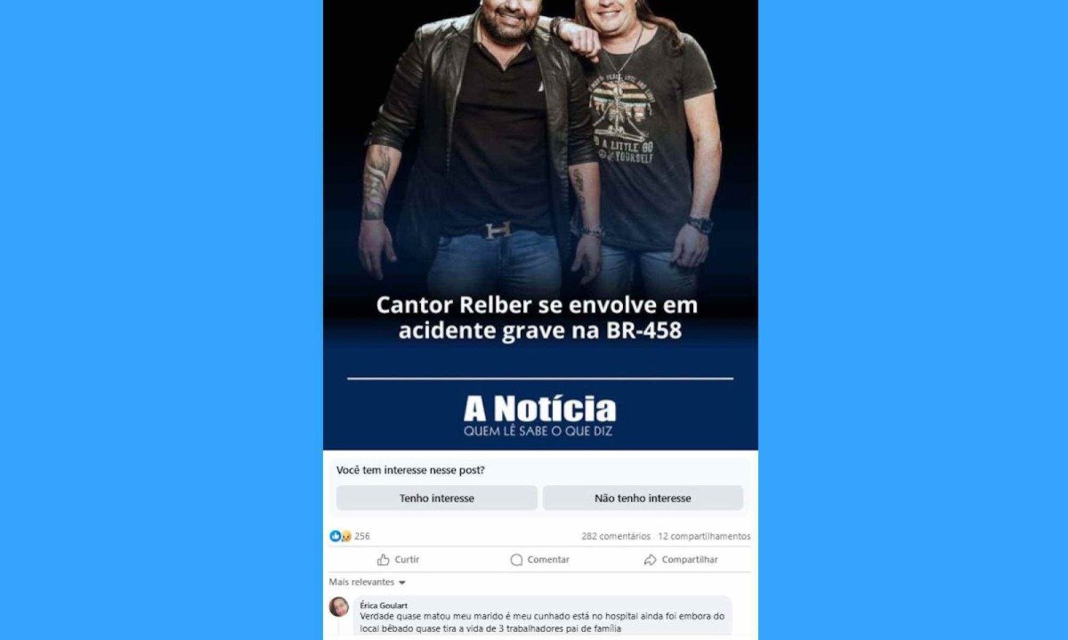 Reprodução de notícia sobre o acidente com o cantor Relber, do portal A Notícia, em que a mulher de uma das vítimas comenta sobre o caso