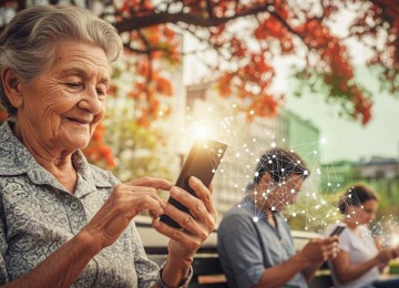 Idosa em praça pública usa smartphone; entre idosos que se conectam à internet, o celular é quase universal e o computador perde terreno -  (crédito: inteligência artificial/acervo Estado de Minas)