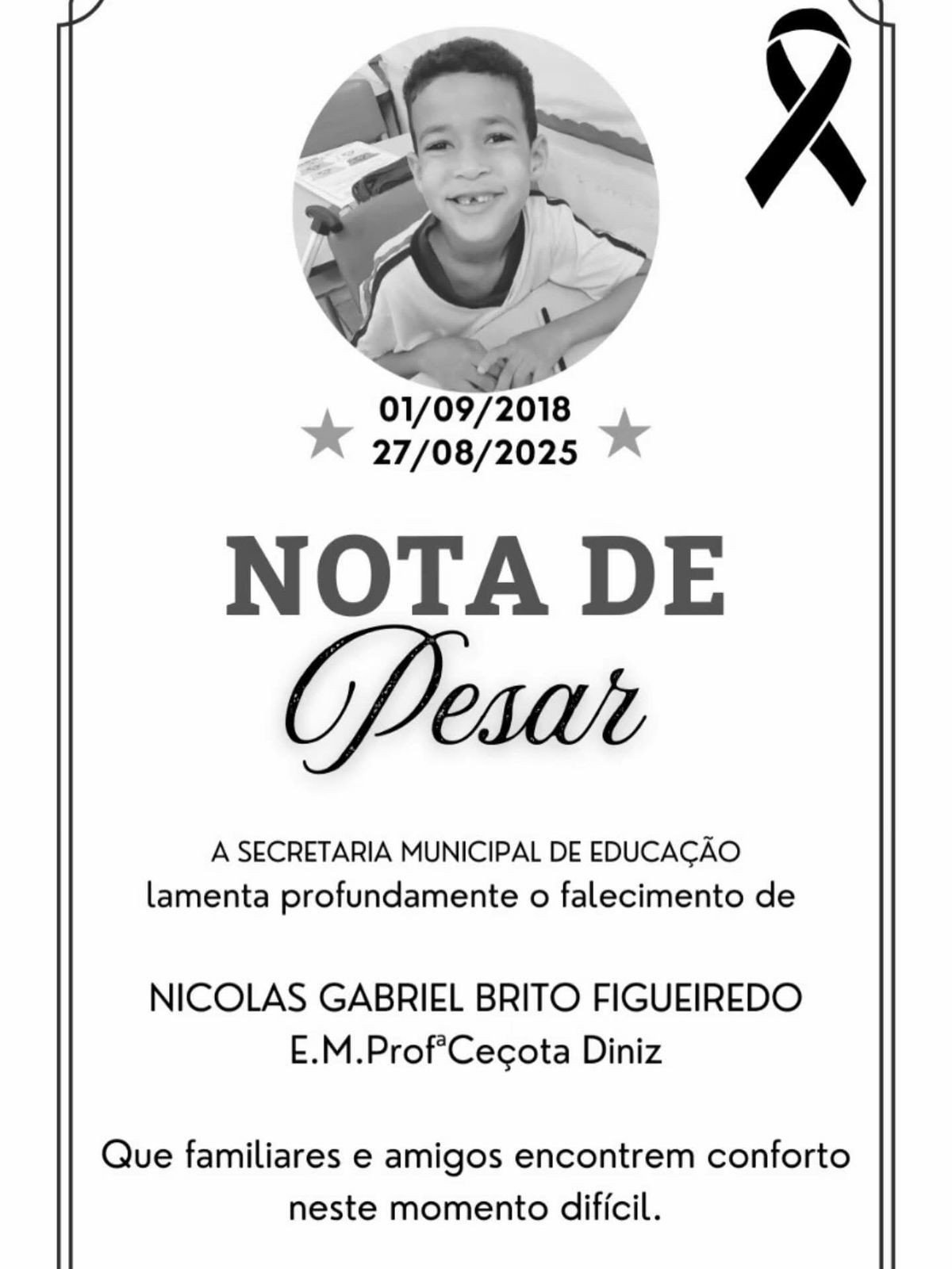 O menino completaria 7 anos no próximo dia 1º de setembro. A família aguarda respostas para a morte inesperada da criança