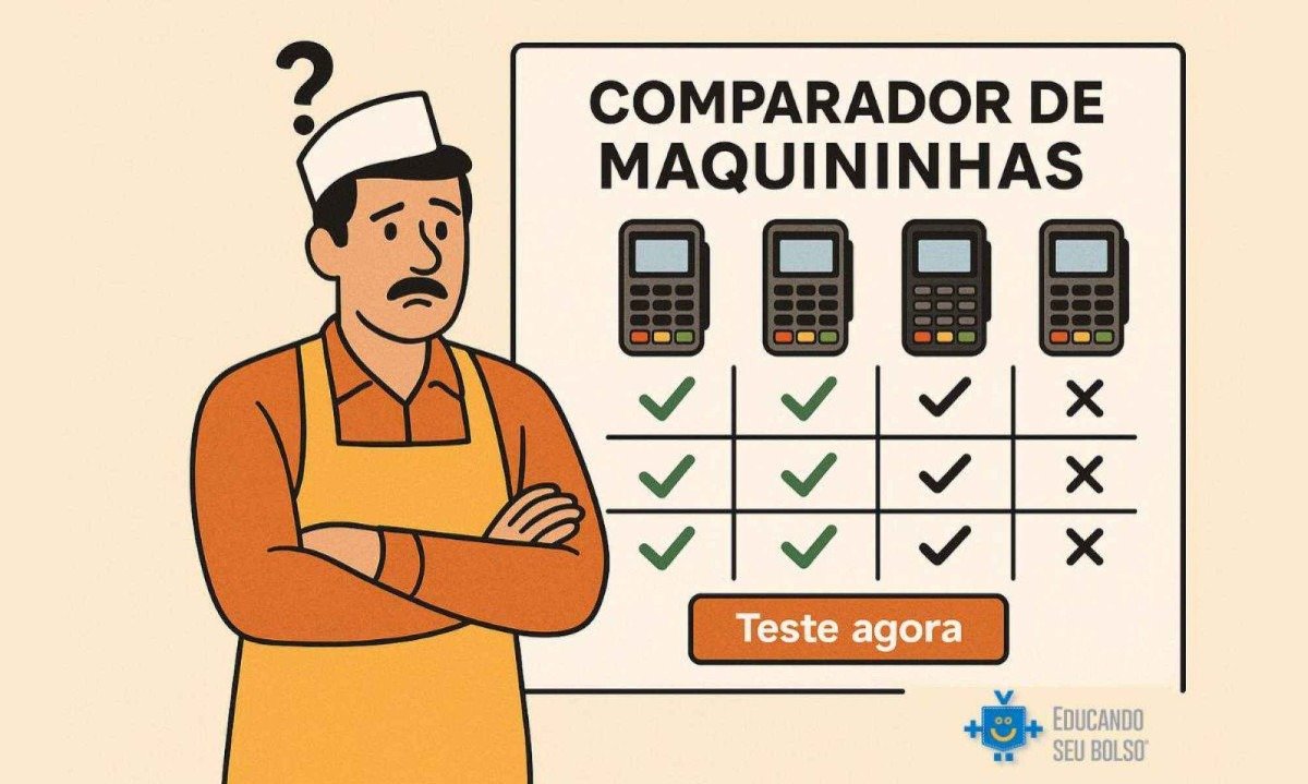 Comerciante avaliando o quadro comparativo de maquininhas do Educando Seu Bolso. -  (crédito: Reprodução Educando seu Bolso)
