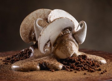 Cogumelos paris frescos, chantili de cogumelos, crumble de chocolate, suspiros e sorvete de baunilha (Oseille) -  (crédito: Tomas Rangel/Divulgação)