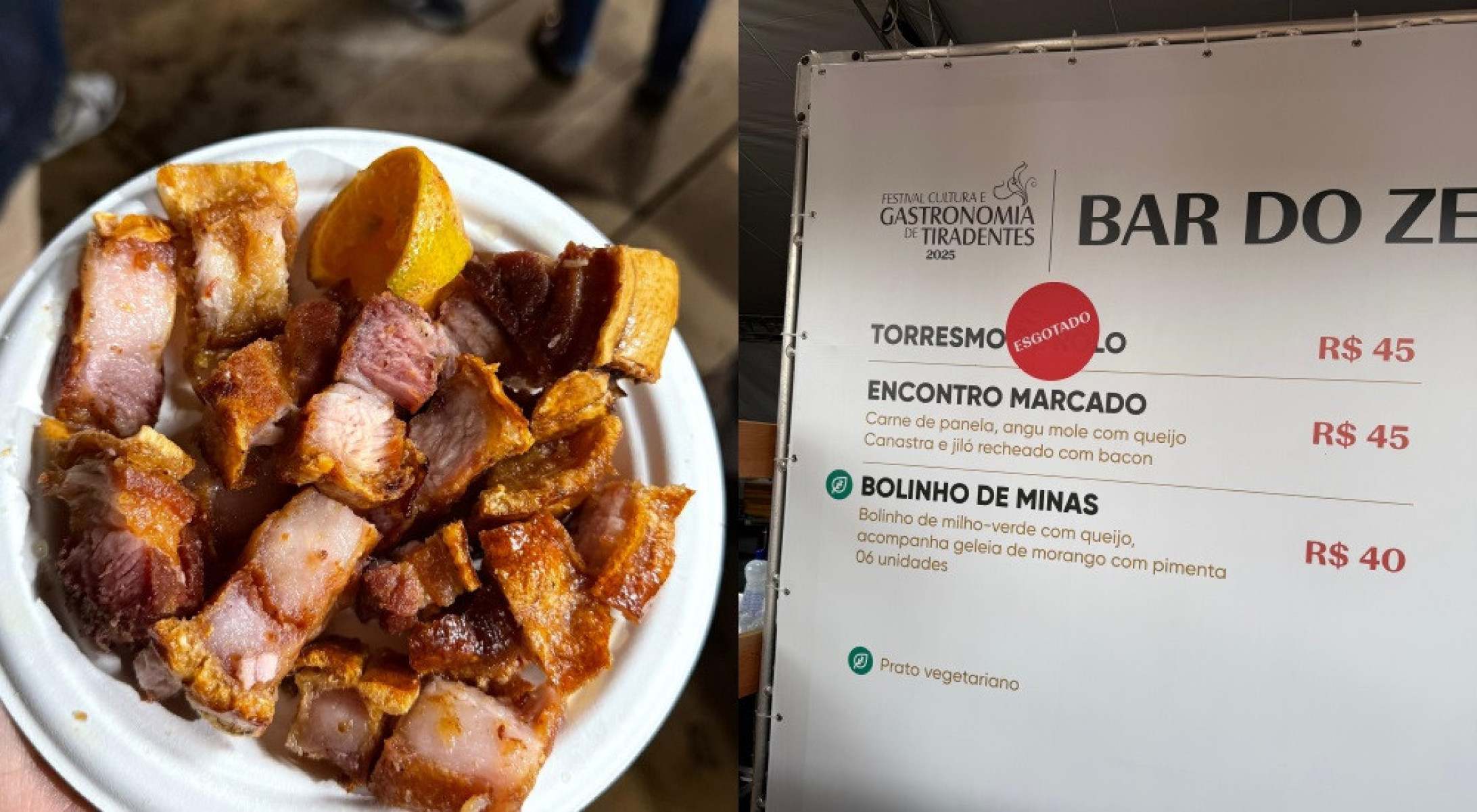 Torresmo de rolo com gotas de limão, servido pelo Bar do Zezé, do Barreiro