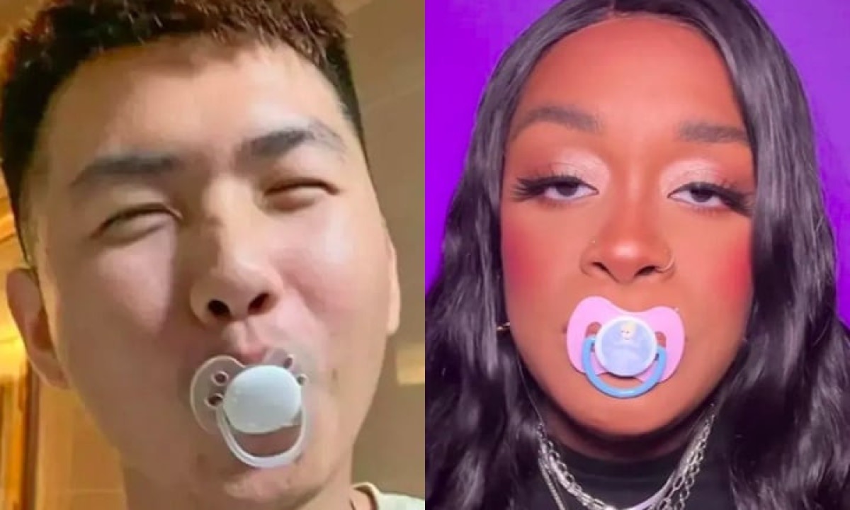 Na China, Coreia do Sul e EUA, adultos estão usando chupetas como forma de buscar conforto emocional semelhante ao que se tem durante a infância. -  (crédito: Montagem/Redes Sociais)