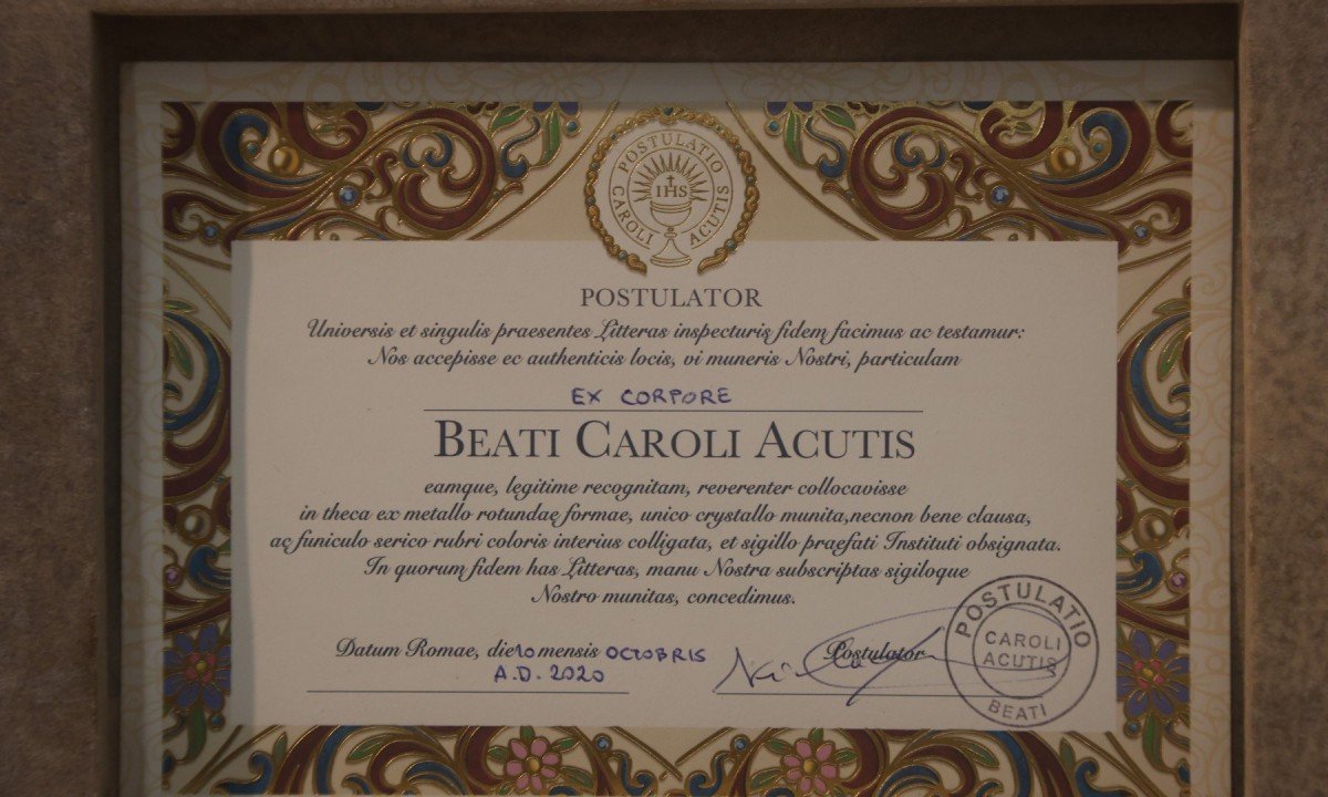 Certificado da relíquia do jovem que será beatificado na primeira cerimônia de canonização no pontificado de Leão XIV