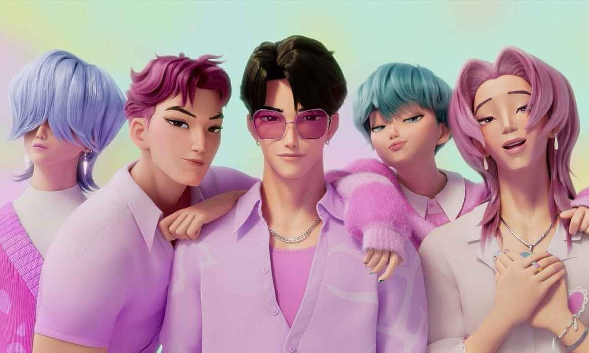 Trio de personagens femininas da animação Guerreiras do k-pop