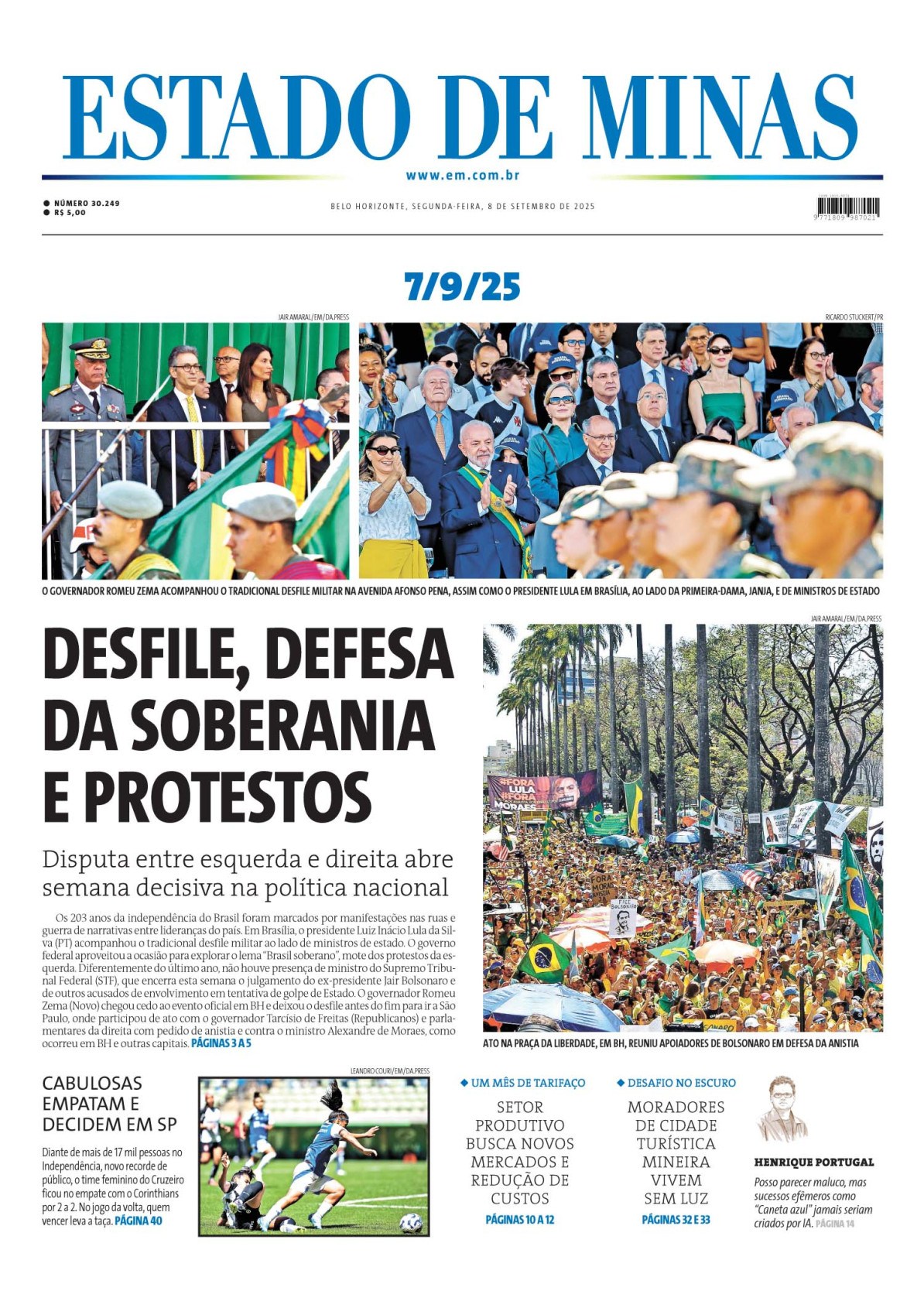 Confira a capa do Estado de Minas do dia 8/9/2025