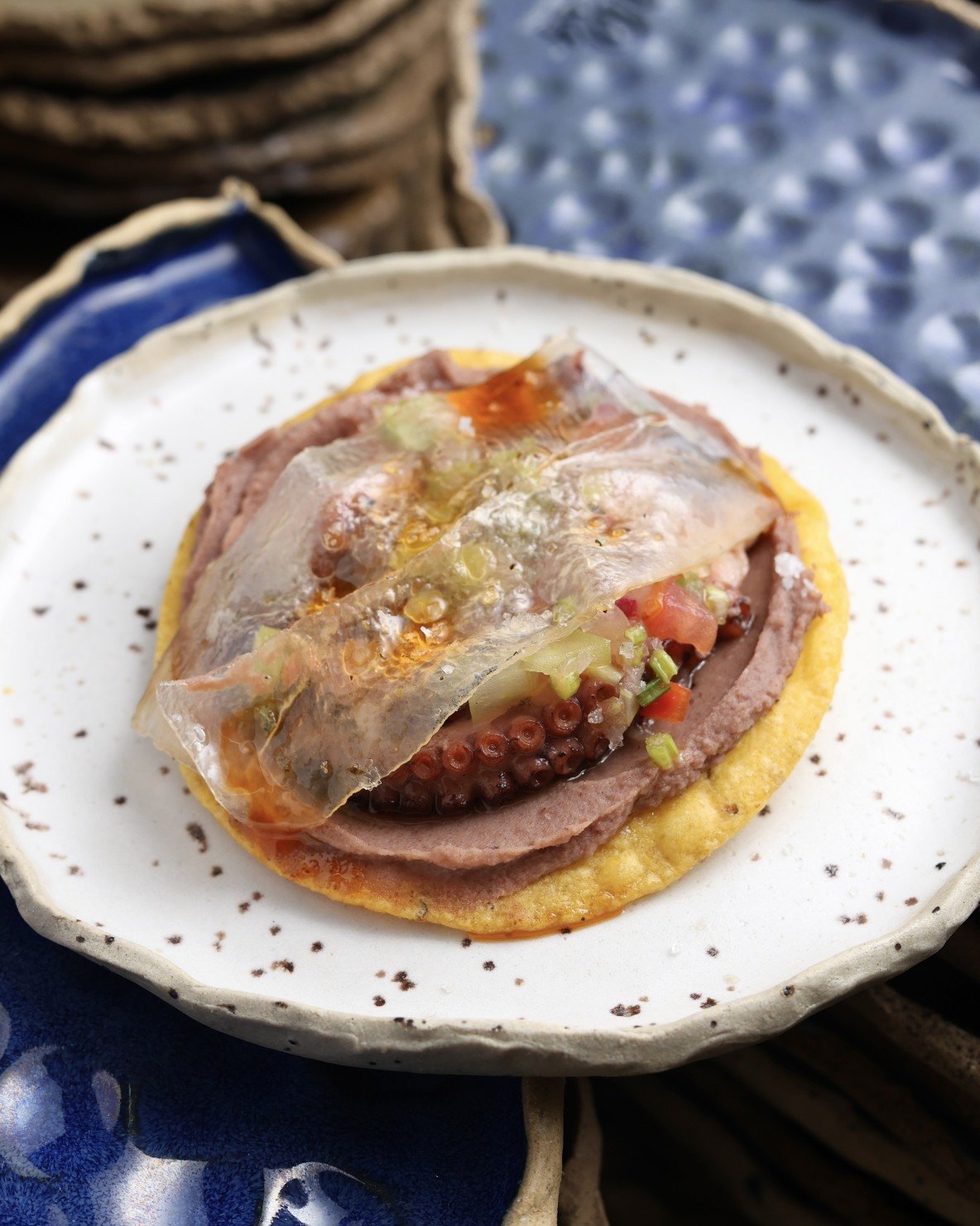 Tostada de polvo com hummus de feijão manteiga, salsa pico de galo, guanciale e chill oil da chef Monique Gabiatti: -Rui Nagae/Divulgação