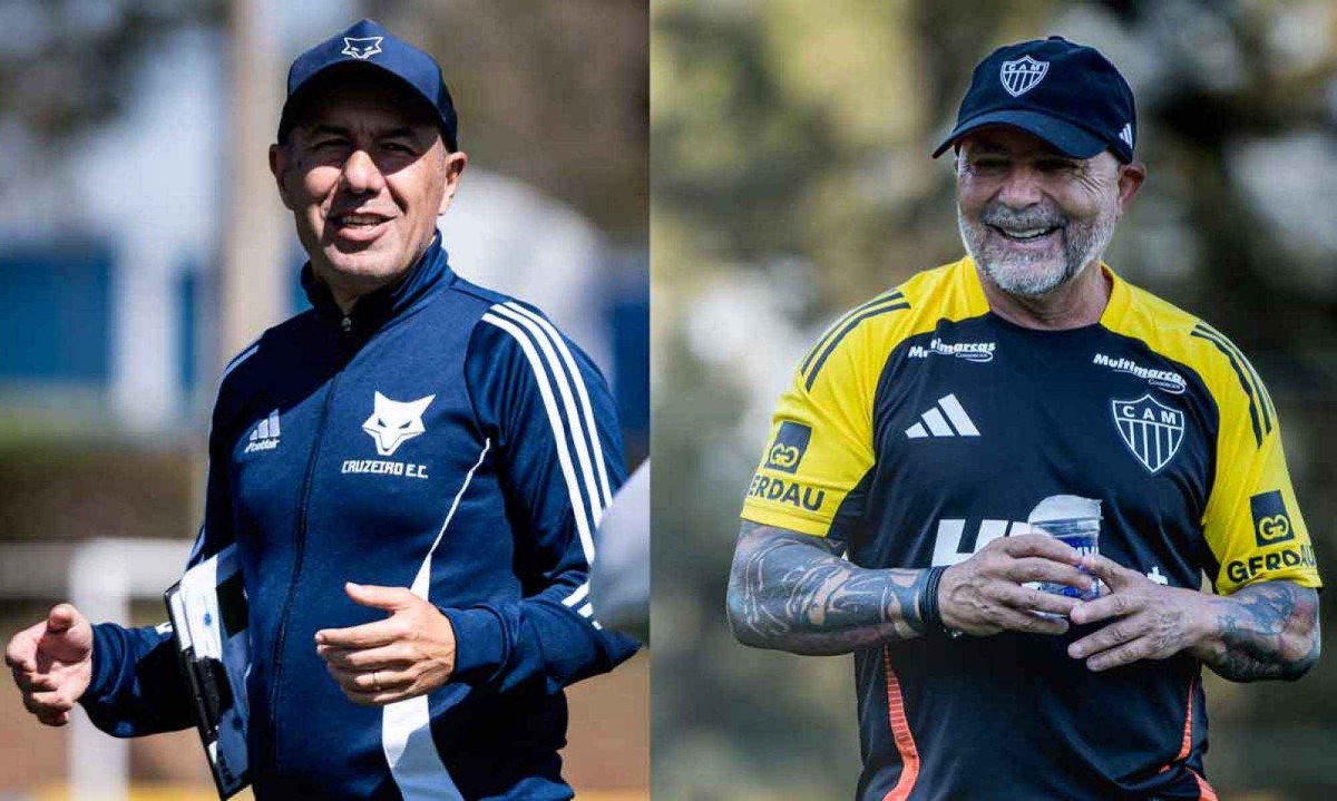 Os técnicos Jorge Sampaoli e Leonardo Jardim farão duelo de estrangeiros no grande clássico mineiro, nesta quinta-feira (11/9), no Mineirão -  (crédito: Fotos: Gustavo Aleixo/Cruzeiro e Pedro Souza / Atlético)