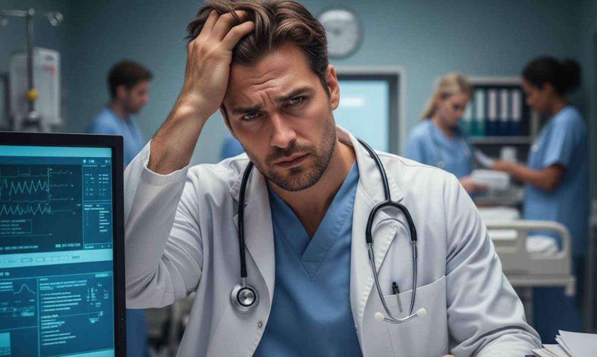 Médico estressado no trabalho; imagem meramente ilustrativa -  (crédito: inteligência artificial/acervo Estado de Minas)