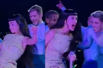 Com Labubu não se brinca: Katy Perry chuta boneco e quase cai do palco