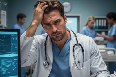 Médico estressado no trabalho; imagem meramente ilustrativa -  (crédito: inteligência artificial/acervo Estado de Minas)