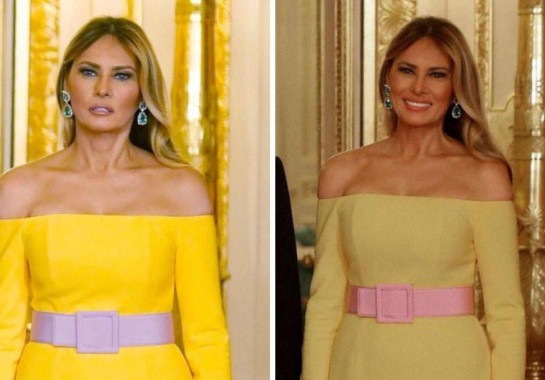 Look de Melania Trump em jantar real rouba cena e divide web: lilás ou rosa