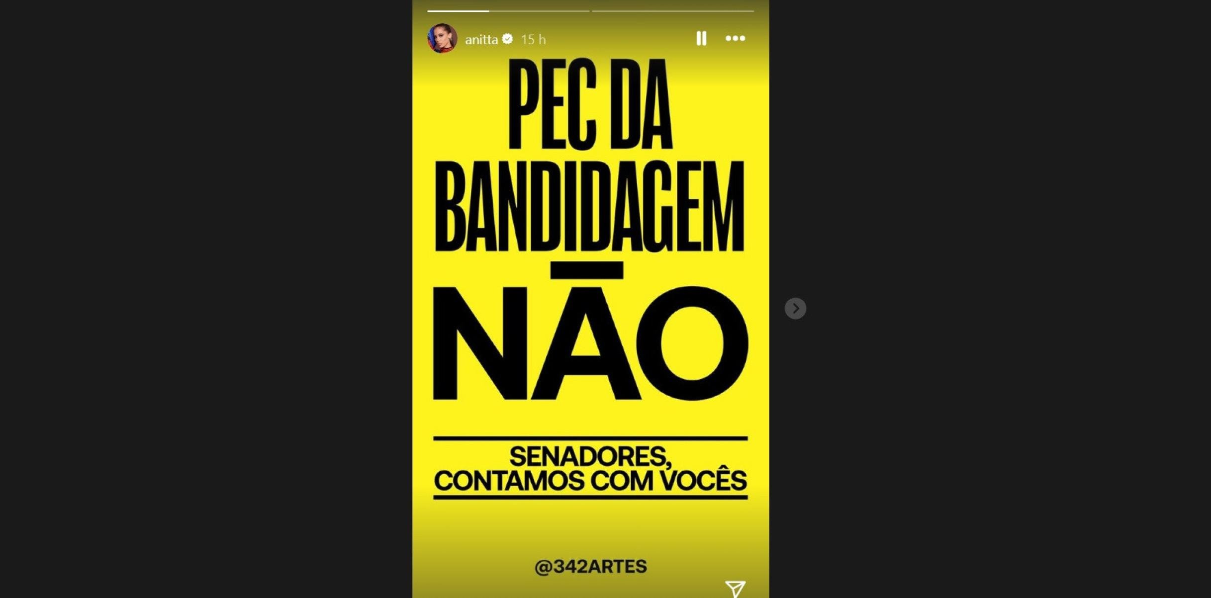 Postagem de Anitta nos stories do Instagram contra a PEC da Blindagem