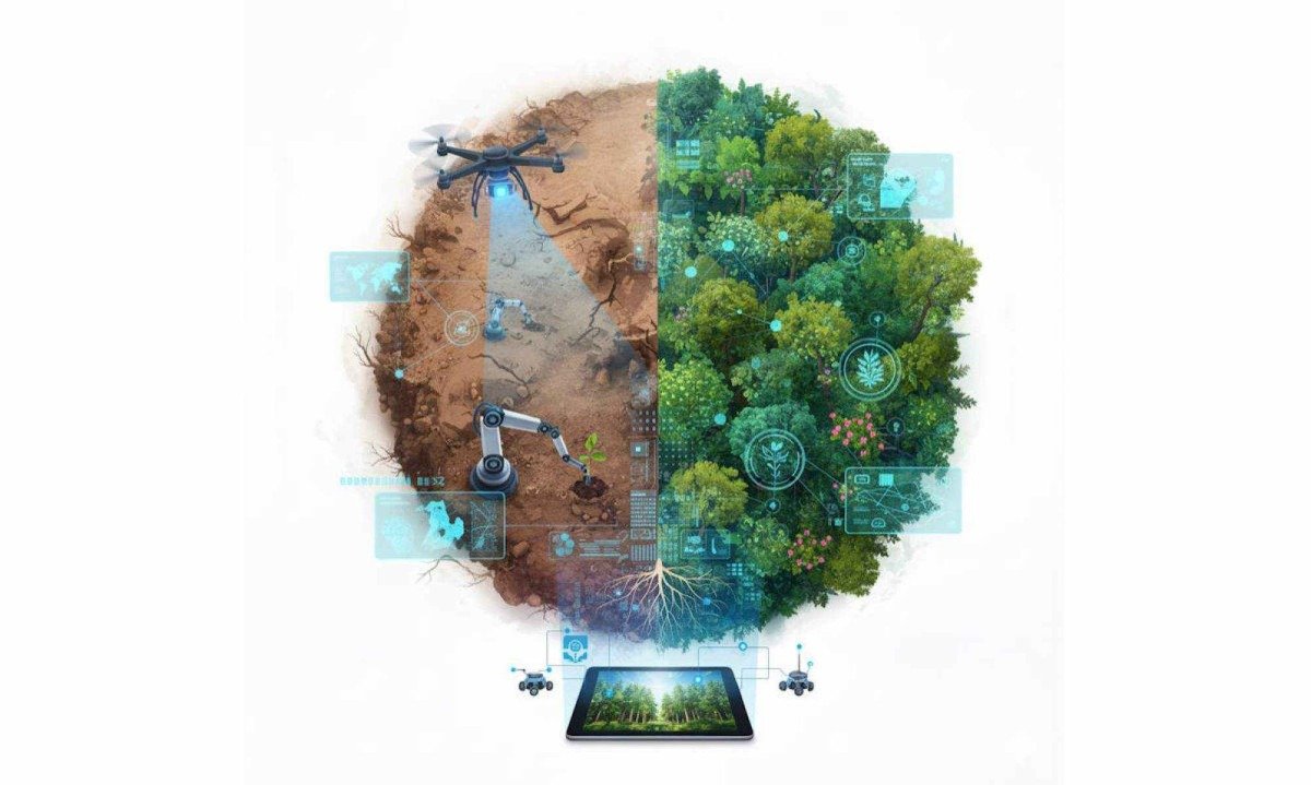 Ilustração sobre o uso da inteligência artificial em projetos de restauração ecológica -  (crédito: imagem gerada por inteligência artificial/acervo do jornal Estado de Minas)