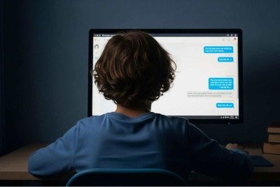 Criança sozinha no quarto conversa com um chatbot; imagem meramente ilustrativa -  (crédito: imagem gerada por inteligência artificial/acervo jornal Estado de Minas)