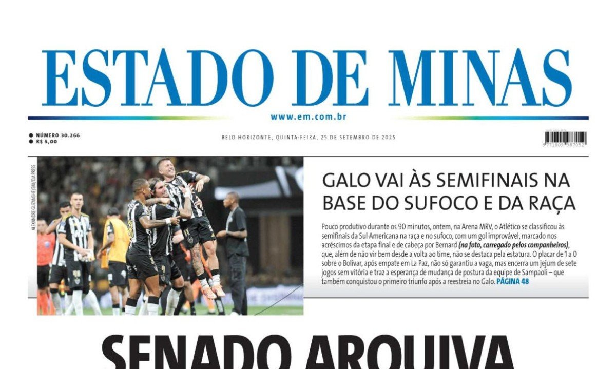 Confira a capa do Estado de Minas do dia 25/09/2025 -  (crédito: Estado de Minas)