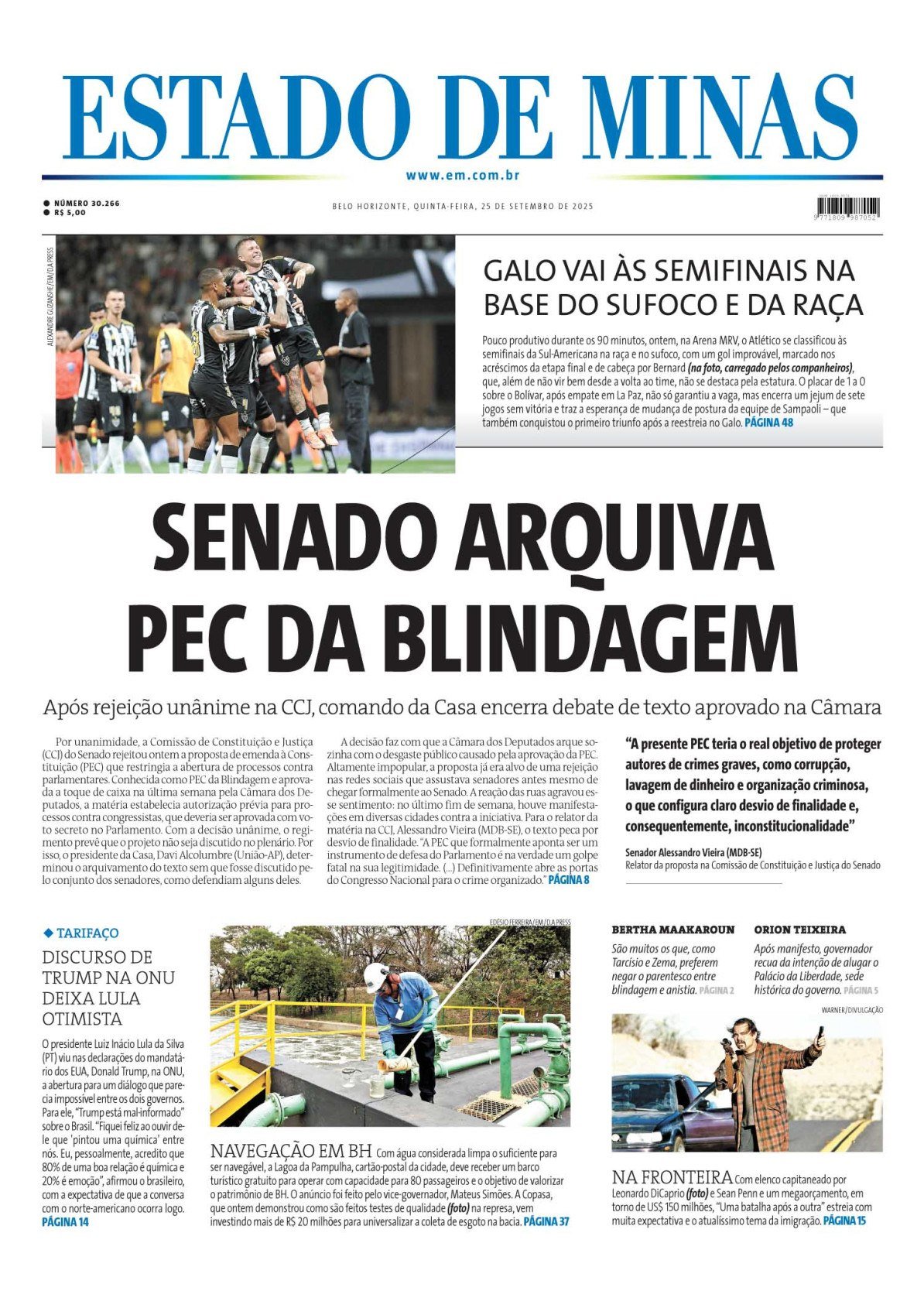 Confira a capa do Estado de Minas do dia 25/09/2025