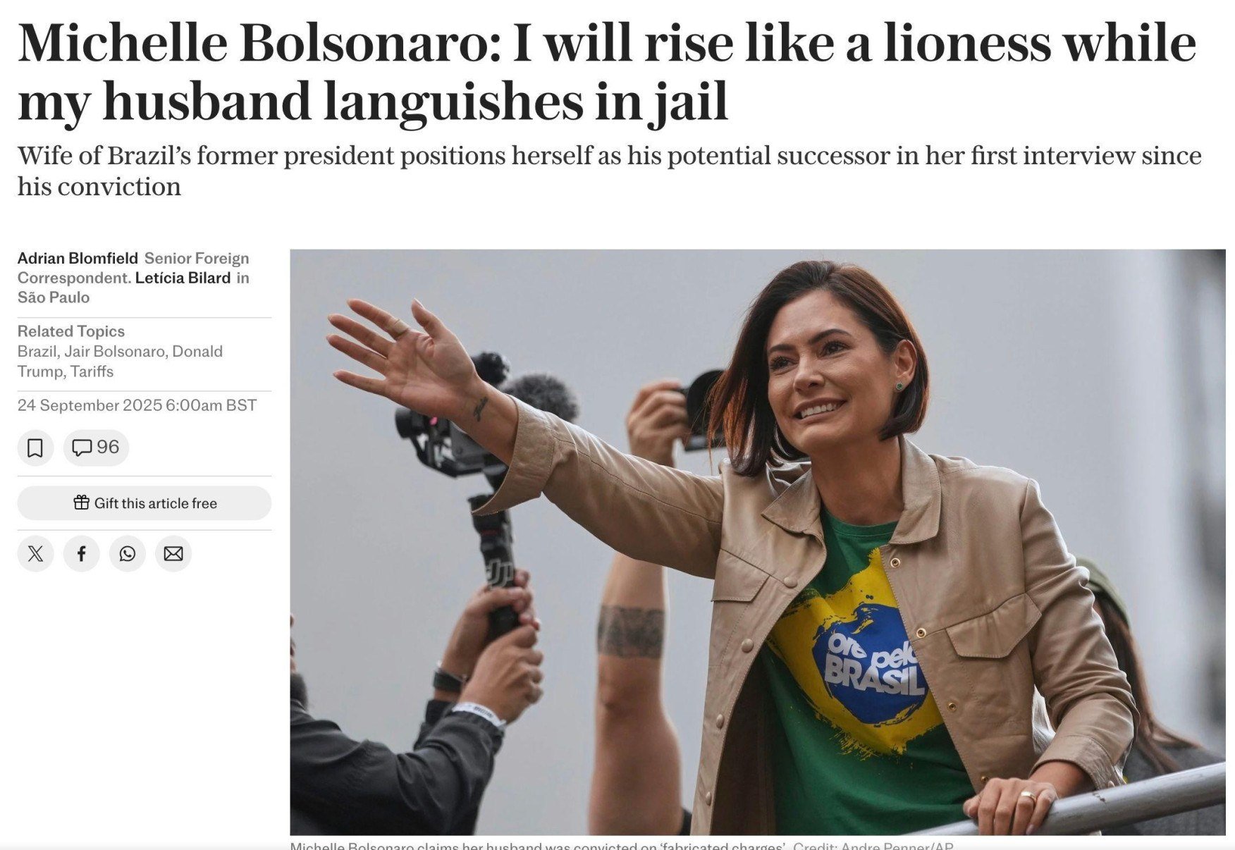 Após condenação de Bolsonaro, Michelle se coloca como candidata e diz a jornal inglês que agirá como 'leoa' para defender conservadores - BBC