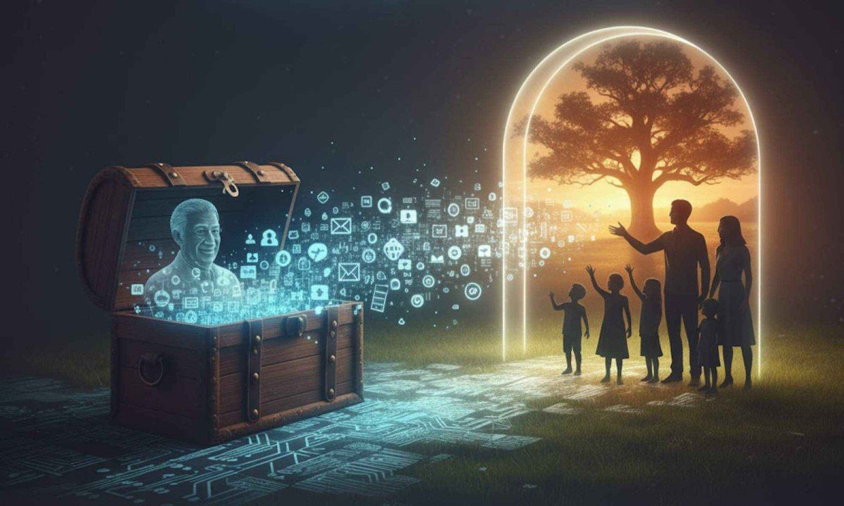 Ilustração sobre herança digital; Justiça brasileira agora criou o Inventariante digital, para cuidar da sucessão de bens no meio digital -  (crédito: imagem gerada por inteligência artificial/acervo Estado de Minas)
