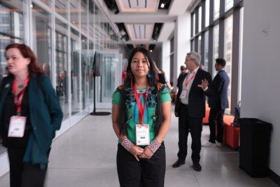 Uakyrê Pankararu realizou uma apresentação em um painel na semana do clima em Nova York.  -  (crédito: Igor Vinagre – Instituto Por Elas )