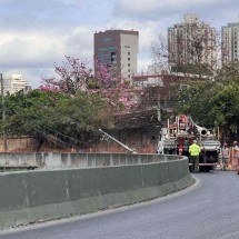 Poste fica atravessado na Av dos Andradas e deixa trânsito lento em BH - Edésio Ferreira/EM/DAPRESS