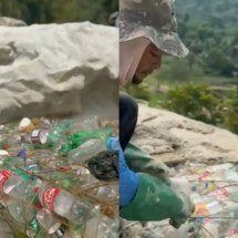 Cachoeira feita com garrafas pet e pneus vira atração no Rio - Montagem/Reproduc?a?o TV Globo